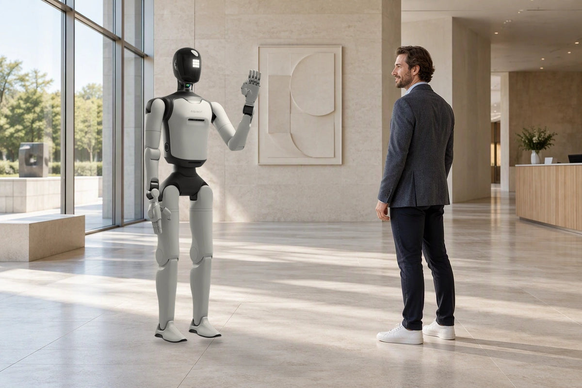 AGIBOT A3 Ultra receiving a visitor in a lobby